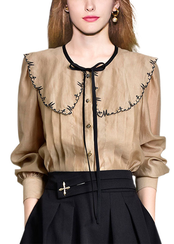 French Khaki Peter Pan Collar Patchwork Bow Button Blouses Long Sleeve