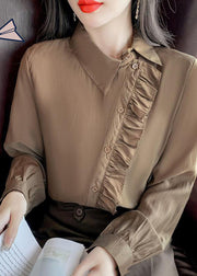 French Khaki Peter Pan Collar Ruffled Button Chiffon Shirt Spring