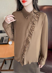 French Khaki Peter Pan Collar Ruffled Button Chiffon Shirt Spring