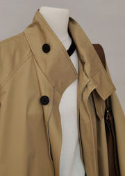 French Khaki Peter Pan Collar Zippered Patchwork Trench Coats Long Sleeve
