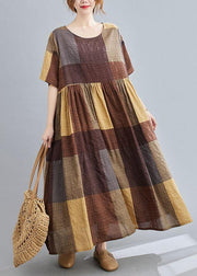French Khaki Plaid Patchwork Summer Casual Half Sleeve Holiday Dress - SooLinen