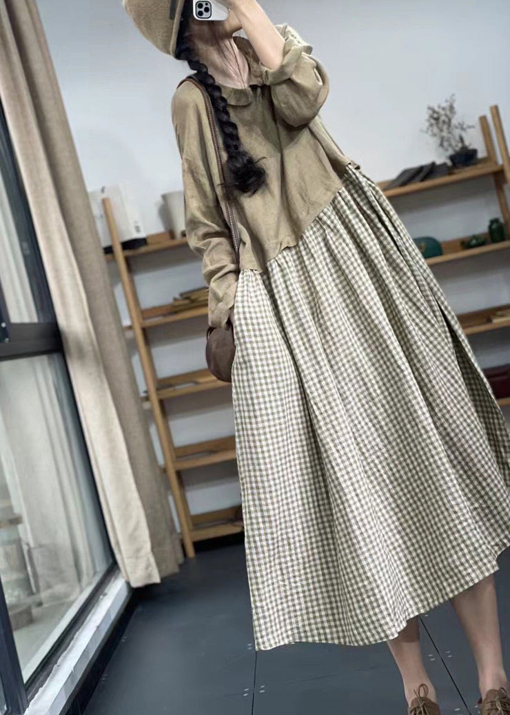 French Khaki Pockets Patchwork Linen Long Dresses Spring