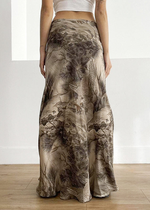French Khaki Print Elastic Waist Patchwork Cotton Maxi Skirts Fall