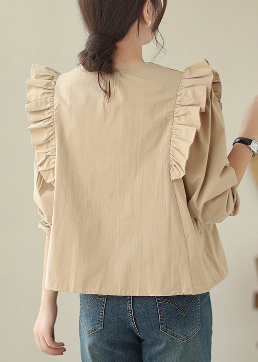 French Khaki Ruffled Patchwork Cotton Shirt Long Sleeve