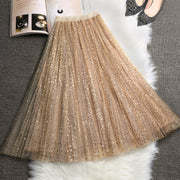 French Khaki Sequins tulle Elastic Waist Skirts Summer