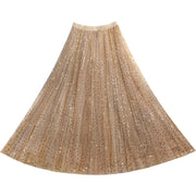 French Khaki Sequins tulle Elastic Waist Skirts Summer
