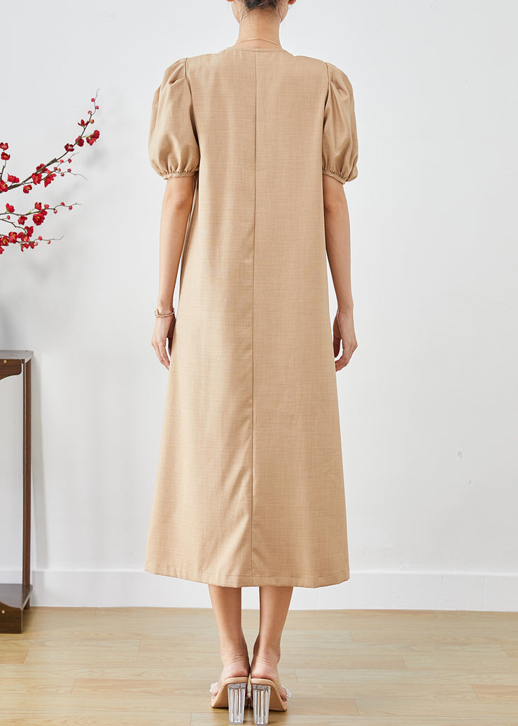 French Khaki Square Collar Cotton A Line Dress Puff Sleeve