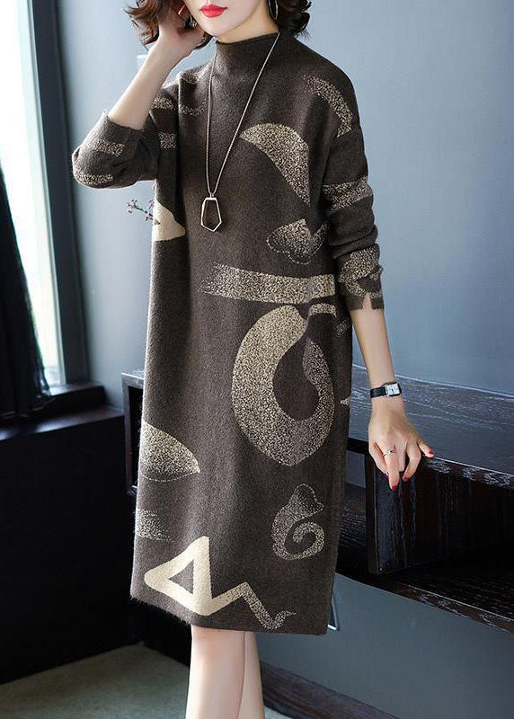 French Khaki Stand Collar Oversized Print Cashmere Sweater Dress Long Sleeve