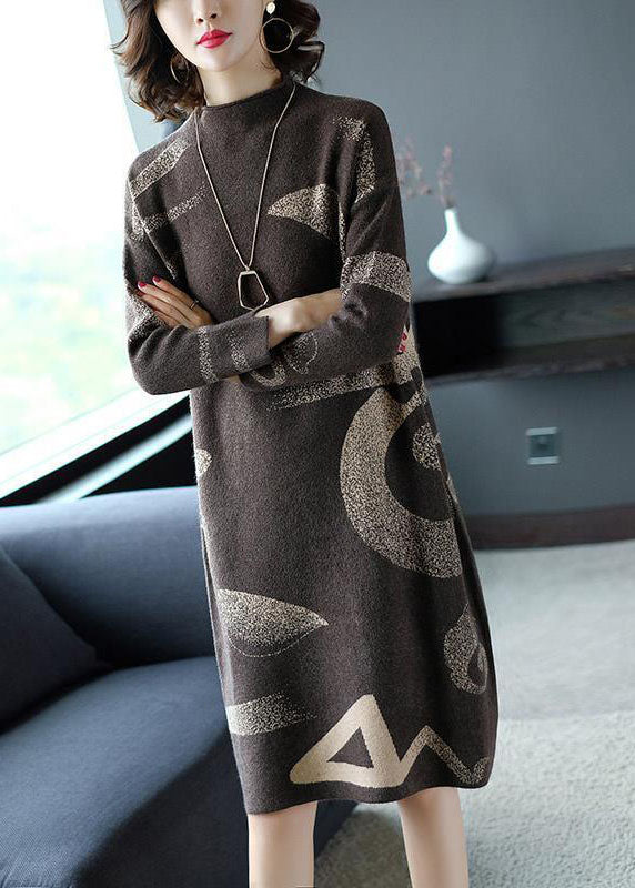 French Khaki Stand Collar Oversized Print Cashmere Sweater Dress Long Sleeve