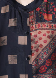 French Khaki Stand Collar Print retro Summer Chiffon Cardigan - SooLinen