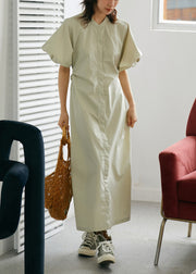 French Khaki Stand Collar Slim Cotton Long Dress Short Sleeve