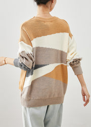 French Khaki Tasseled Patchwork Knit Short Sweater Winter
