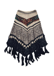 French Khaki Tasseled Print Patchwork Knit Cape Tops Fall