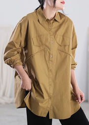 French Khaki Turn-down Collar Oversized Patchwork Cotton Blouses Long Sleeve