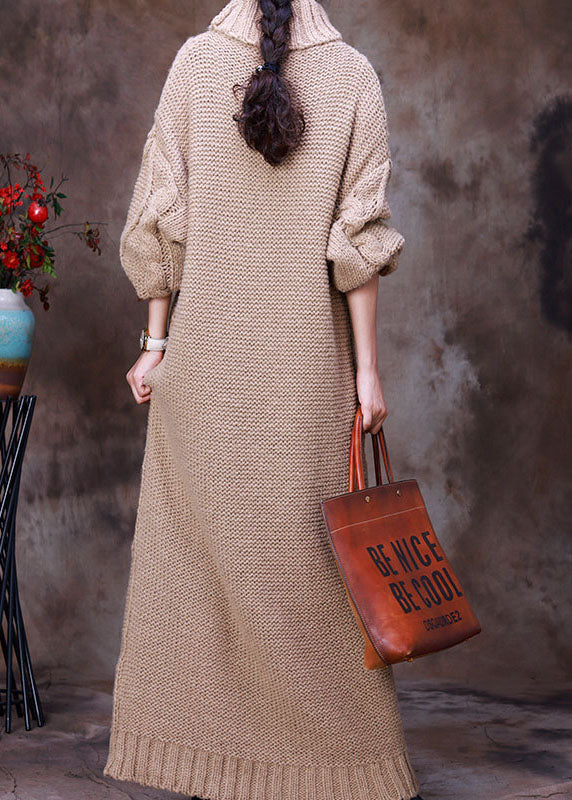 French Khaki Turtle Neck Hollow Out Knit Winter Sweater Kleid
