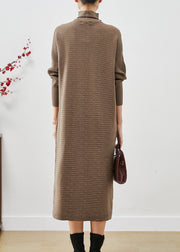 French Khaki Turtle Neck Patchwork Knitted Dress Spring