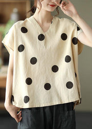 French Khaki V Neck Dot Summer Linen Shirt Top - SooLinen