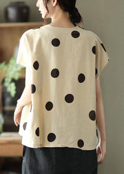 French Khaki V Neck Dot Summer Linen Shirt Top - SooLinen