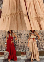 French Khaki V Neck Patchwork Wrinkled Cotton Dresses Sleeveless