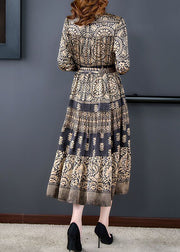 French Khaki V Neck Print Exra Large Hem Silk Dress Spring