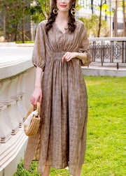 French Khaki V Neck Wrinkled Silk Vacation Dresses Summer
