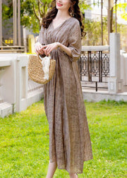 French Khaki V Neck Wrinkled Silk Vacation Dresses Summer