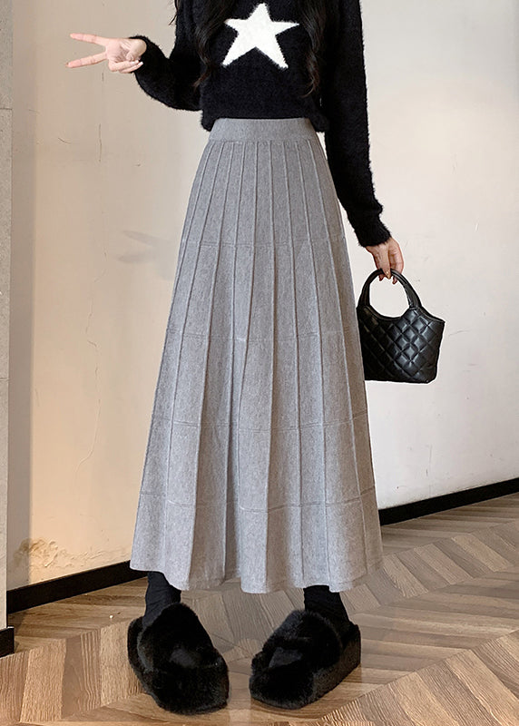 French Khaki Wrinkled High Waist Knit Exra Large Hem Skirts Fall