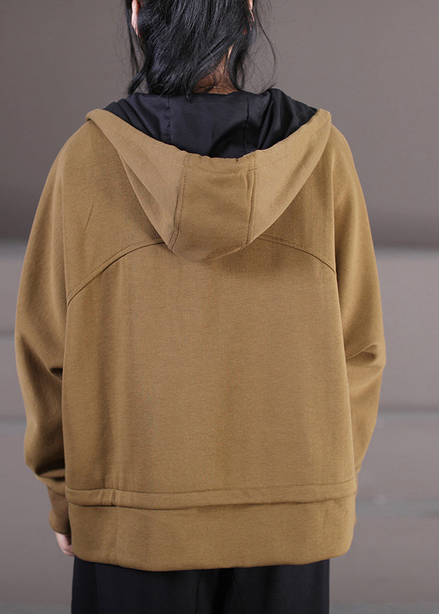 Französisch Khaki Patchwork Kapuzenmantel mit Kordelzug und langen Ärmeln aus Baumwolle mit Reißverschluss