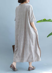 French Khaki linen Dress V Neck  Robe Summer  Dresses - SooLinen
