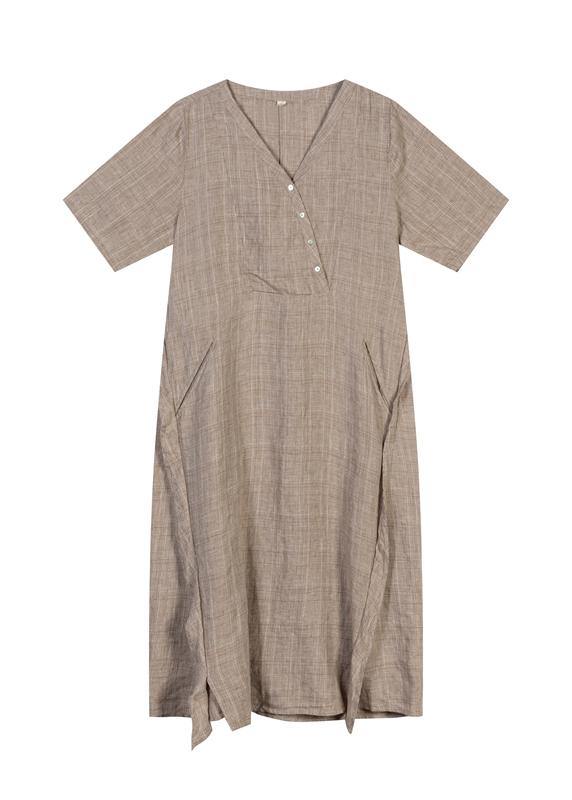 French Khaki linen Dress V Neck  Robe Summer  Dresses - SooLinen