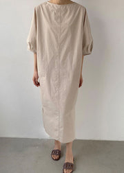 French Khaki side open Cotton Dress Half Sleeve