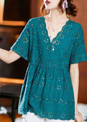French Lake Blue Embroidered Hollow Out Cotton Blouses Summer