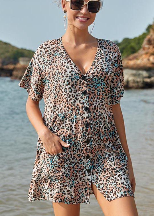 French Leopard Button Pockets Vacation Summer Cotton Dress - SooLinen