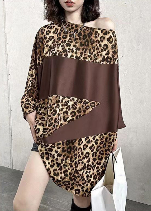 French Leopard O Neck Print Patchwork Cotton Mid Dress Batwing Sleeve