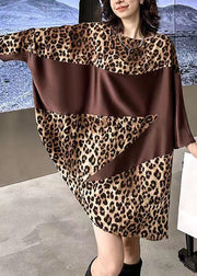 French Leopard O Neck Print Patchwork Cotton Mid Dress Batwing Sleeve