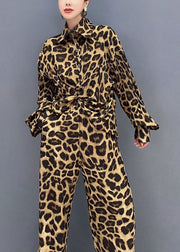 French Leopard Print Peter Pan Collar Shirts And Pants Two Piece Set Long Sleeve