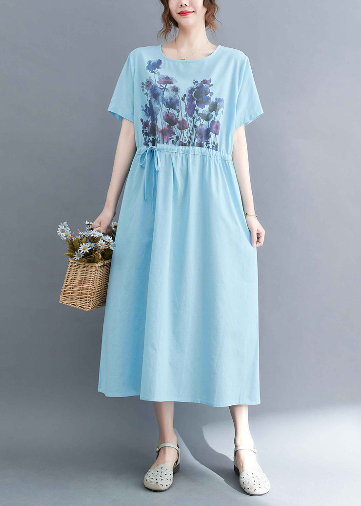 Französisches hellblaues Urlaubskleid mit O-Ausschnitt und Kordelzug aus Baumwolle mit kurzen Ärmeln