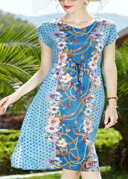 French Light Blue O-Neck Print Drawstring Silk Holiday Dresses Short Sleeve