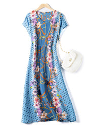 French Light Blue O-Neck Print Drawstring Silk Holiday Dresses Short Sleeve