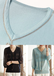 French Light Blue V Neck Knit Shirts Bracelet Sleeve