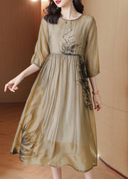 French Light Brown O Neck Print Wrinkled Patchwork Chiffon Dresses Summer