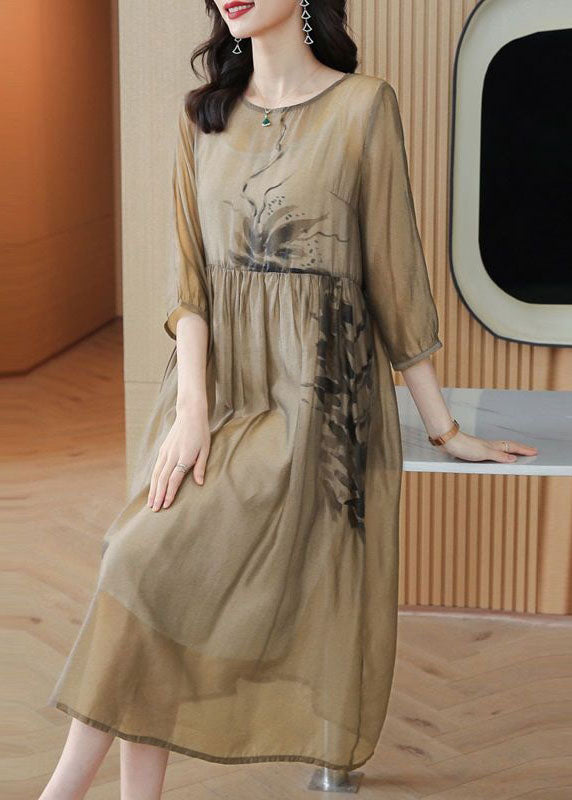 French Light Brown O Neck Print Wrinkled Patchwork Chiffon Dresses Summer