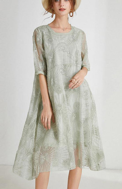 French Light Green Embroidery Chiffon Short Sleeve Summer Maxi Dresses - SooLinen
