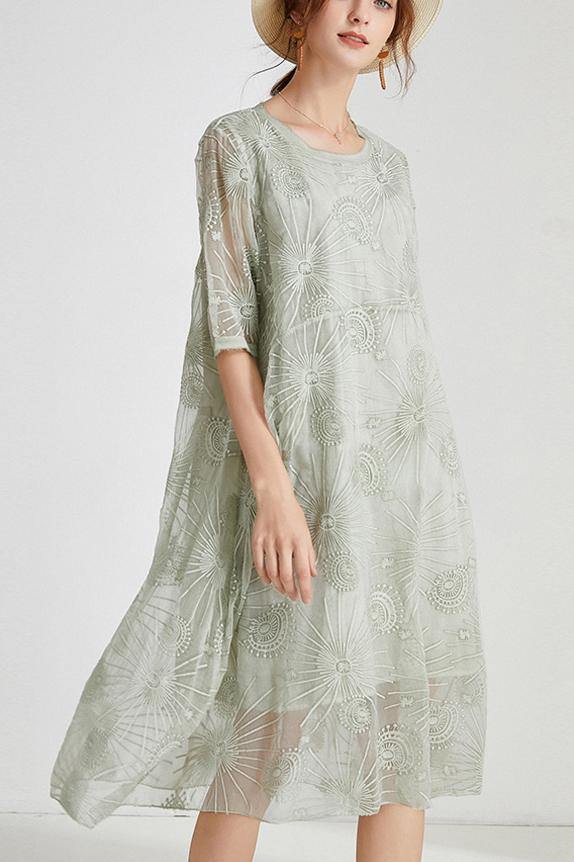 French Light Green Embroidery Chiffon Short Sleeve Summer Maxi Dresses - SooLinen