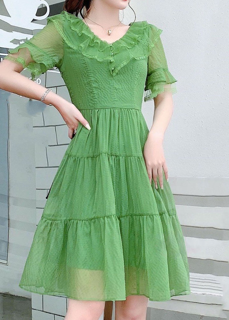 French Light Green V Neck Ruffled Patchwork Silk Dresses Summer