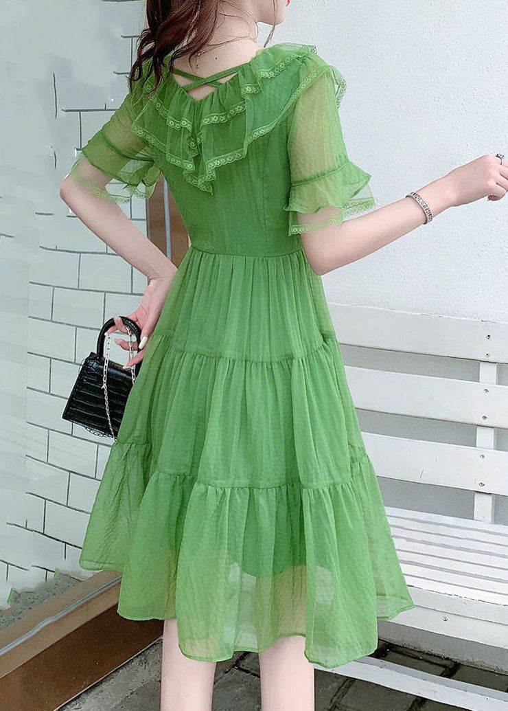 French Light Green V Neck Ruffled Patchwork Silk Dresses Summer