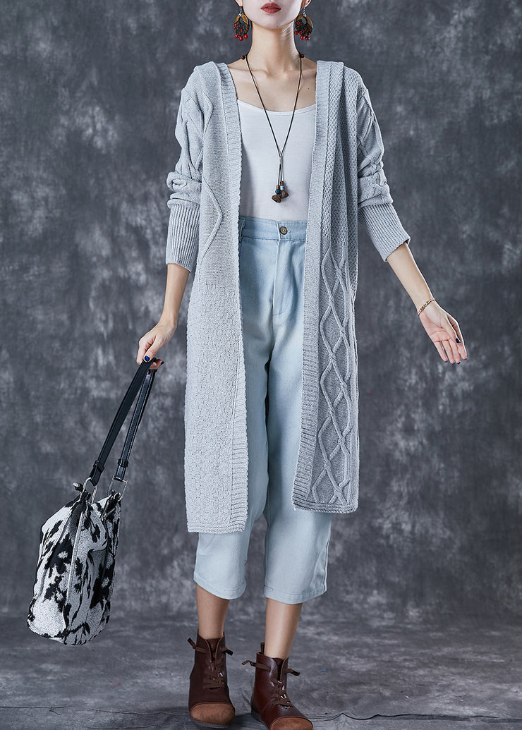 French Light Grey Hooded Cable Knit Loose Cardigan Fall