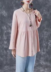 French Light Pink Oversized Patchwork Wrinkled Cotton Shirt Spring