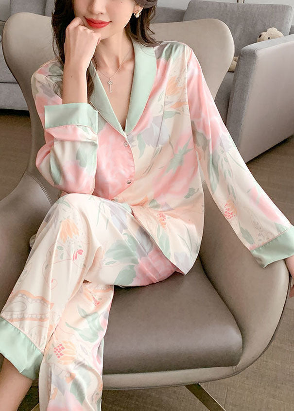 French Light Pink V Neck Patchwork Print Ice Silk Pajamas Two Pieces Set Spring