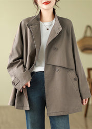 French Mocha Stand Collar Patchwork Pockets Button Trench Coat Fall